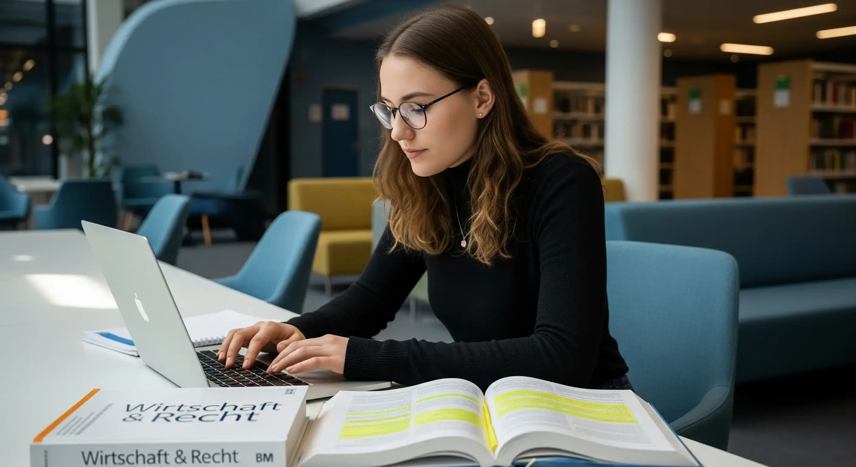 Ein junger, motivierter Lernender plant am Schreibtisch seine Zukunft mit der Berufsmaturität, im Hintergrund eine Grafik, die den Weg von der Lehre zum Studium zeigt.