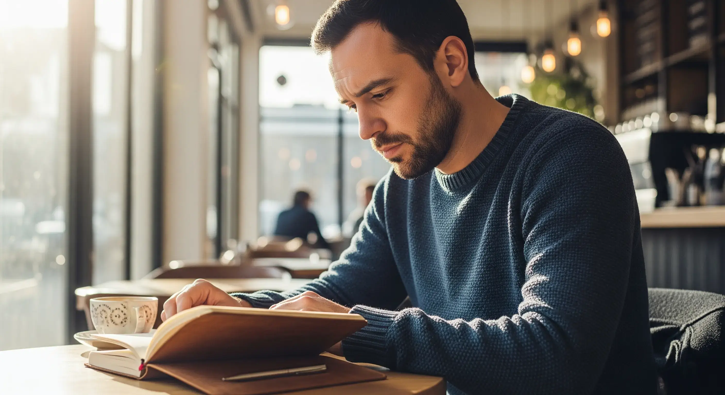 Ein Mann sitzt in einem hellen Café an einem Tisch und blickt nachdenklich in sein Notizbuch, während der Hintergrund unscharf ist.