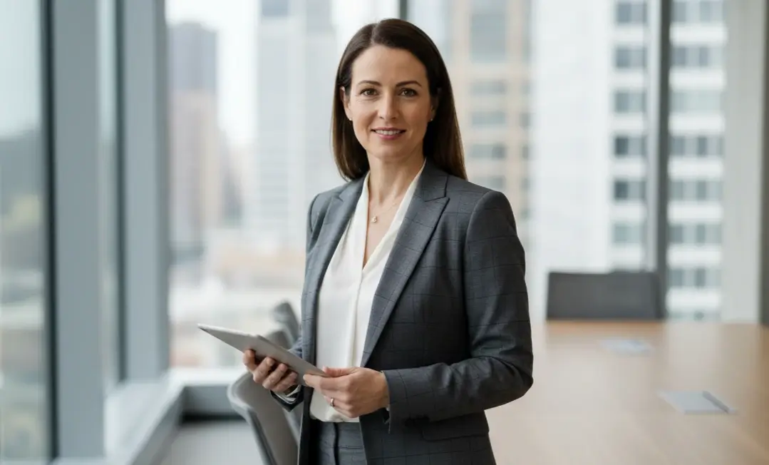 Eine professionelle Direktionsassistentin steht in einem modernen Sitzungszimmer und blickt zuversichtlich in die Kamera.