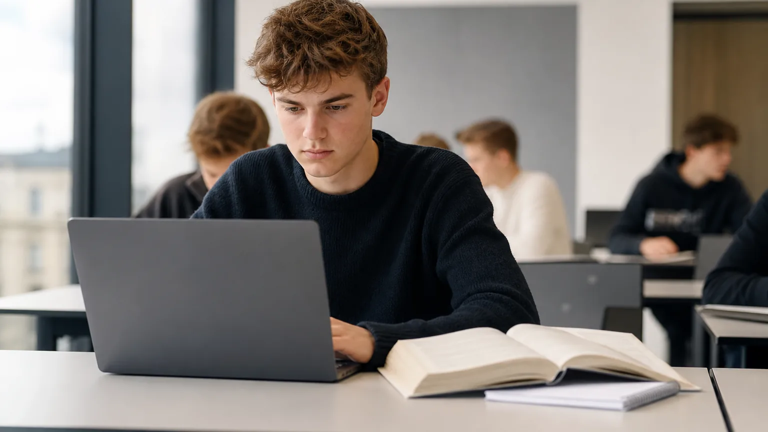 Berufsmaturität: Lernende mit Laptop und Lehrbüchern an einer Schweizer Wirtschaftsschule