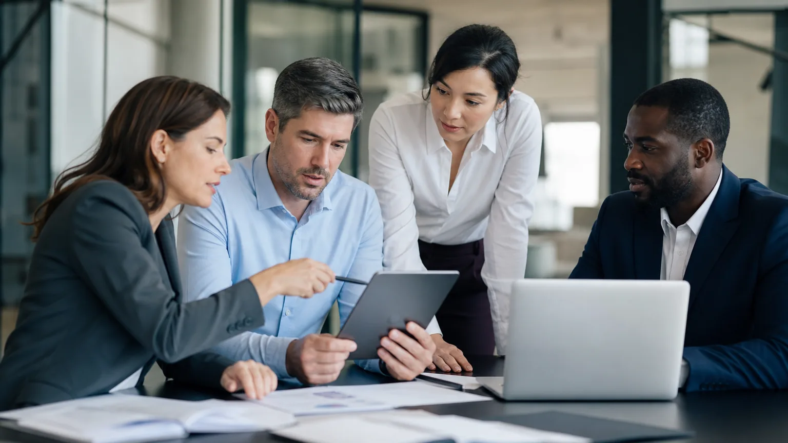 Team bespricht eine Unternehmensstrategie an einem Konferenztisch mit Tablet und Notizen