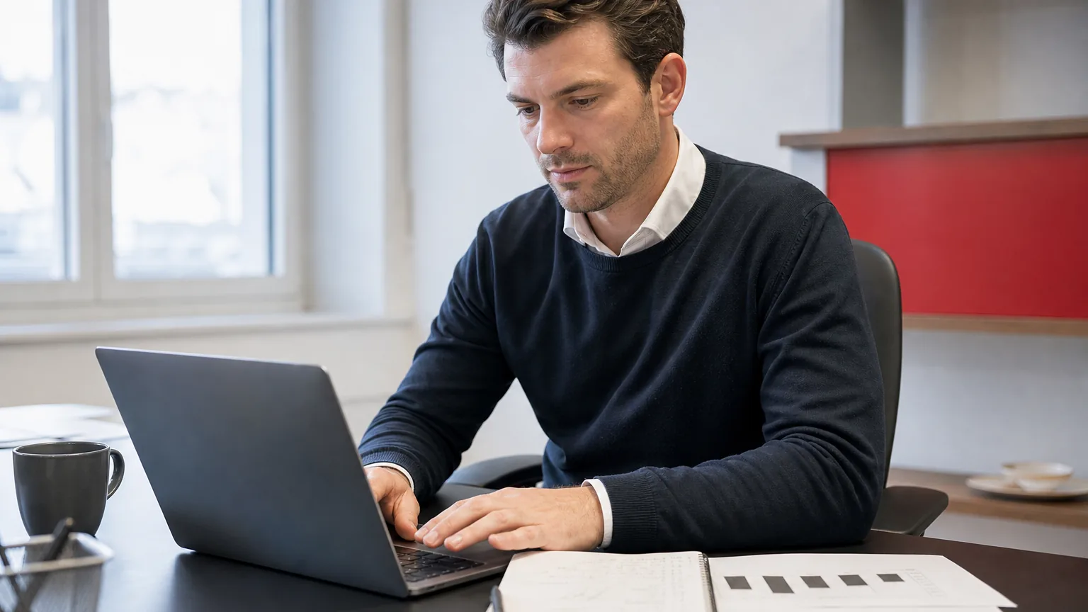 Berufstätige Person arbeitet am Laptop an einem KI-Use-Case mit Notizen und Diagrammen am Schweizer Arbeitsplatz
