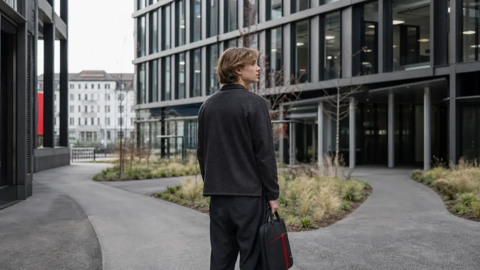 Junge Person vor moderner HSO-Schule überlegt sich kaufmännische Weiterbildung