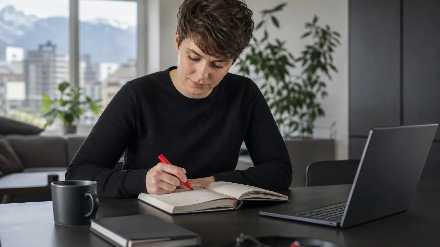 Junge Berufstätige plant die Wochenstruktur für die berufsbegleitende Handelsschule