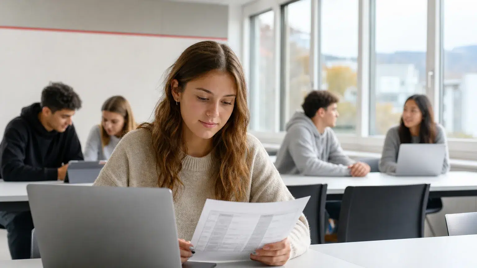 Junge Frau lernt am Laptop im modernen HSO-Klassenzimmer für die Kauffrau EFZ Ausbildung