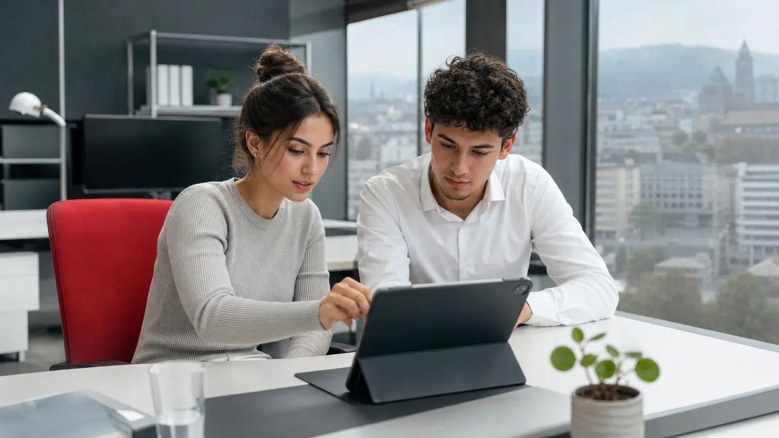Zwei KV-Lernende arbeiten gemeinsam an einer Aufgabe im hellen Schweizer Büro