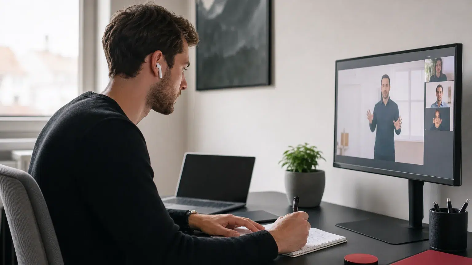 Junger Berufstätiger im Home-Office bei einer virtuellen HSO-Lektion
