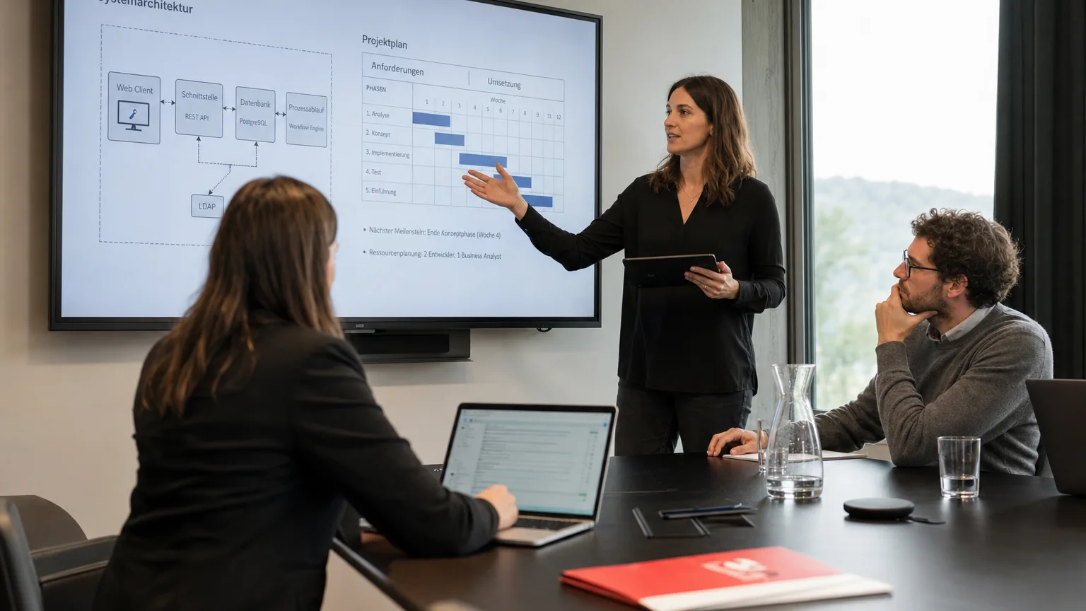 Projektteam diskutiert ICT-Plan im modernen Zürcher Meetingraum