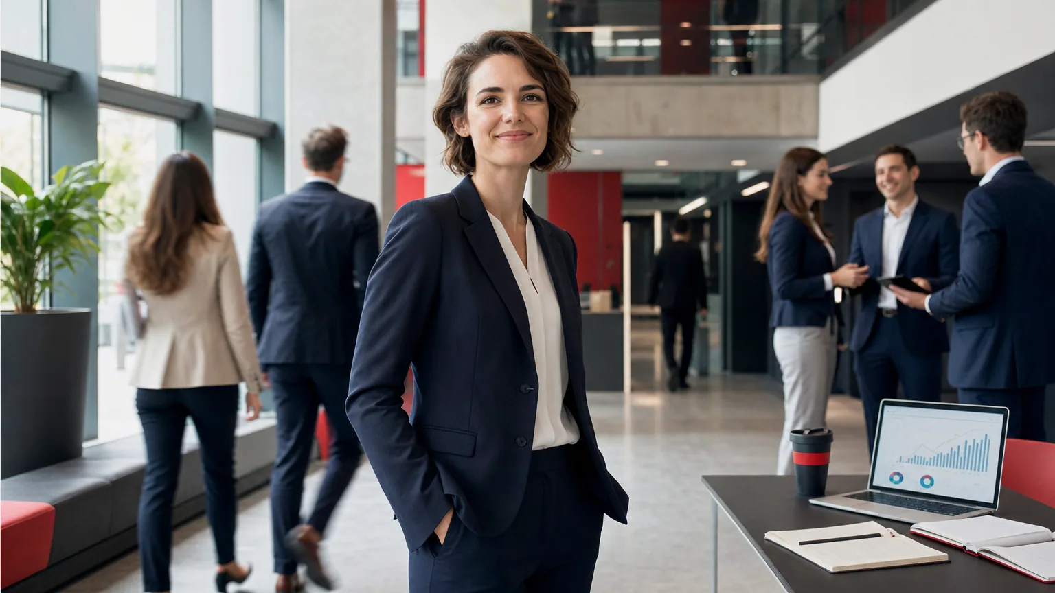 Berufstätige Frau in einem hellen, modernen Bildungs- und Bürogebäude, im Hintergrund Personen im Gespräch