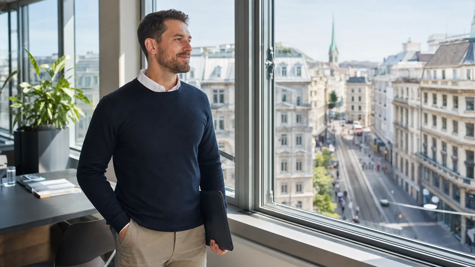 Berufstätige Person blickt aus einem modernen Büro über eine Schweizer Stadt