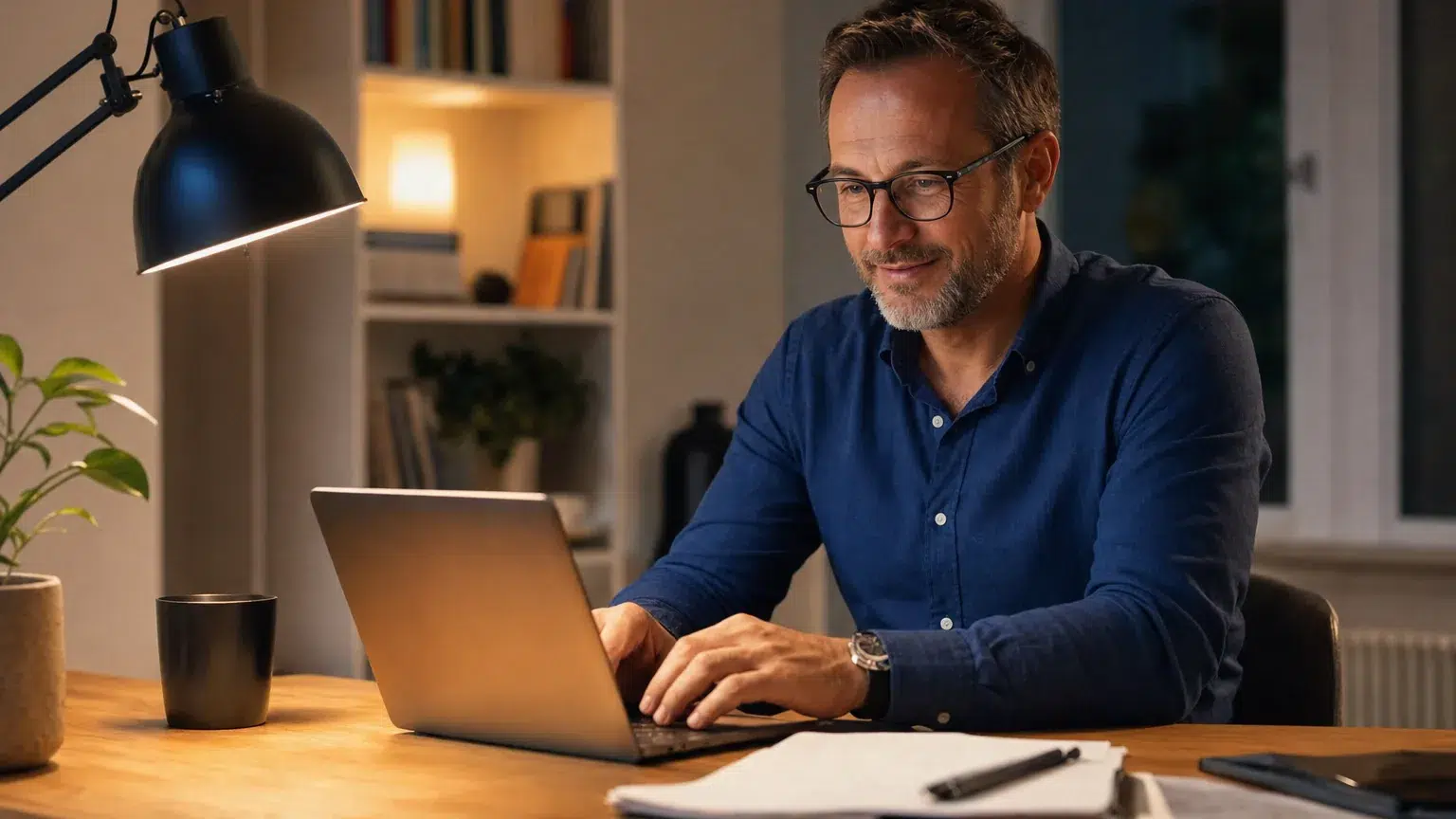 Berufstätiger Mann arbeitet abends konzentriert am Laptop an einem Schreibtisch zu Hause
