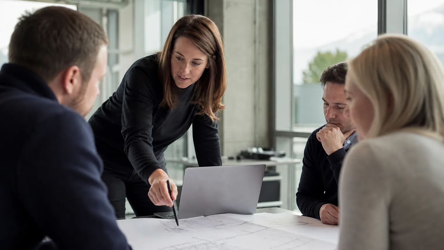 Technische Kauffrau im Gespräch mit dem Projektteam in einem modernen Schweizer Industrieunternehmen