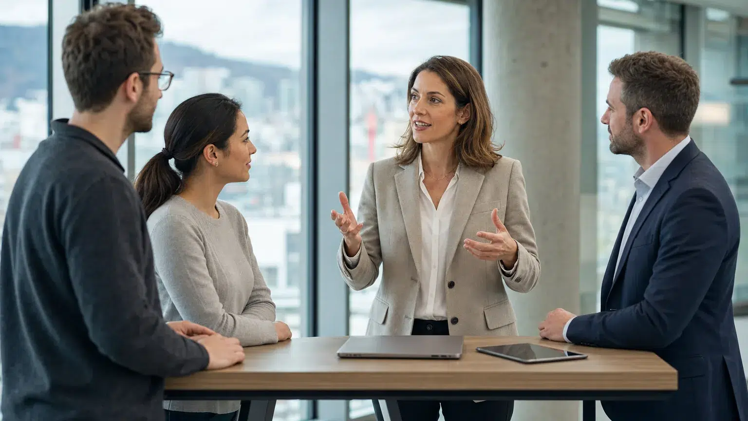 Digital Business Managerin koordiniert ein bereichsübergreifendes Team aus Business und IT in einem modernen Büro