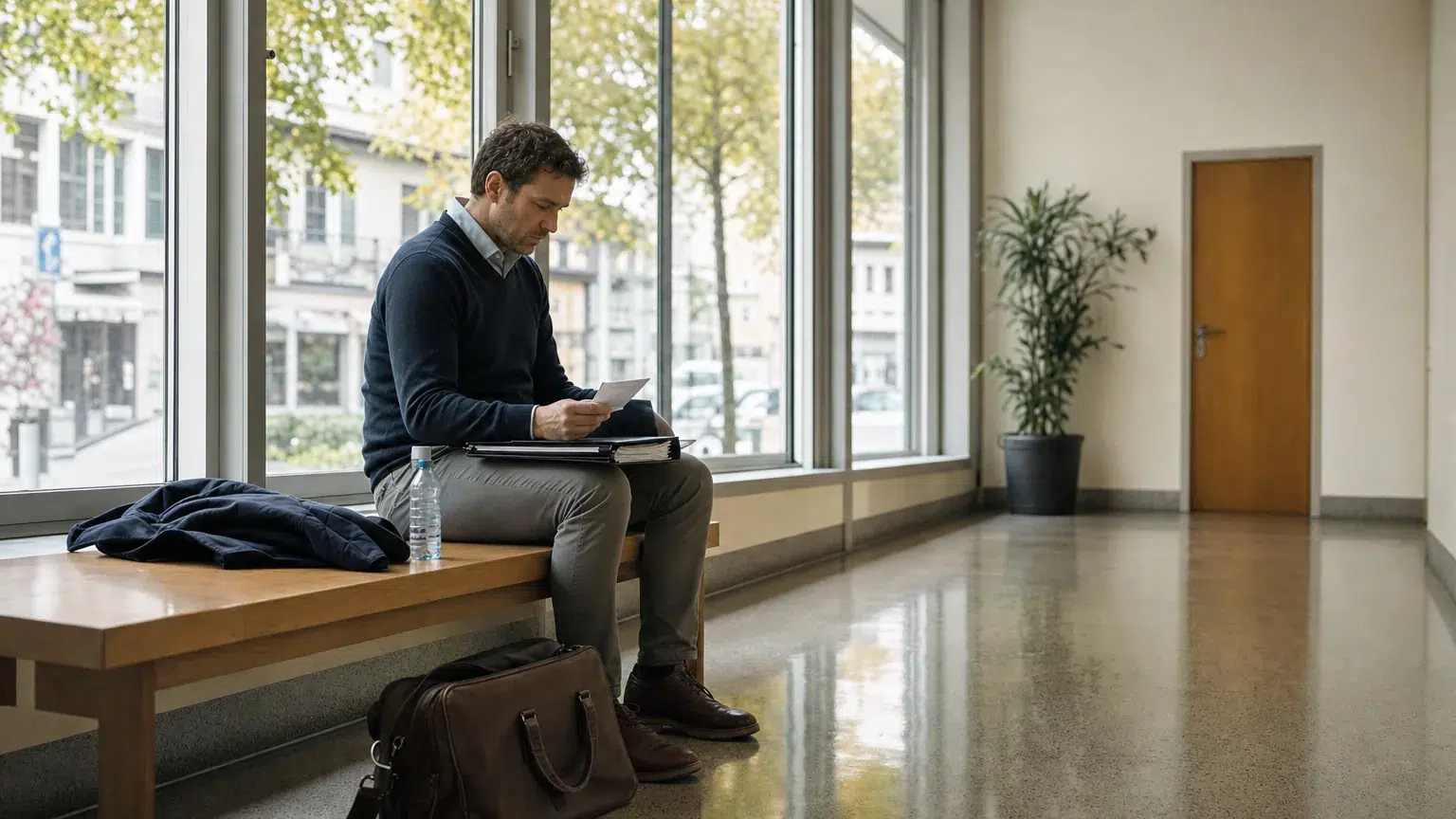 HSO Studierender geht vor der mündlichen Diplomprüfung seine Notizen durch